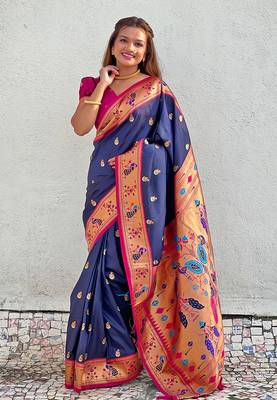 Navy Blue Paithni Silk Zari Woven Saree with Blouse for Women 4