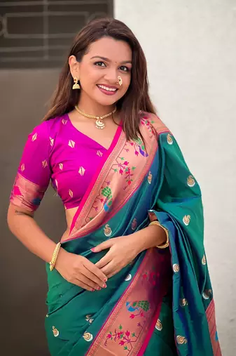 Green contrast zari woven chandrakor swan yeola paithani silk saree