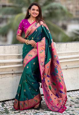 Green contrast zari woven chandrakor swan yeola paithani silk saree 3