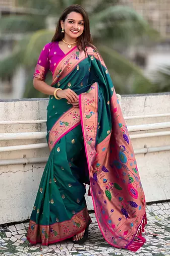 Green contrast zari woven chandrakor swan yeola paithani silk saree
