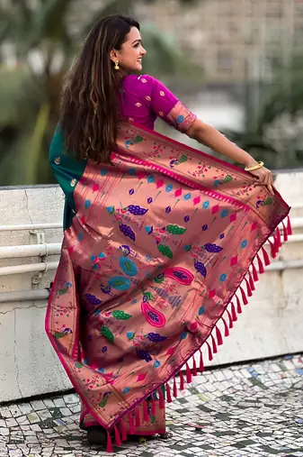Green contrast zari woven chandrakor swan yeola paithani silk saree