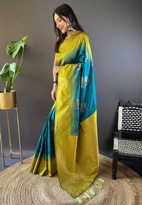 Sea blue soft silk floral border contrast zari woven saree 3