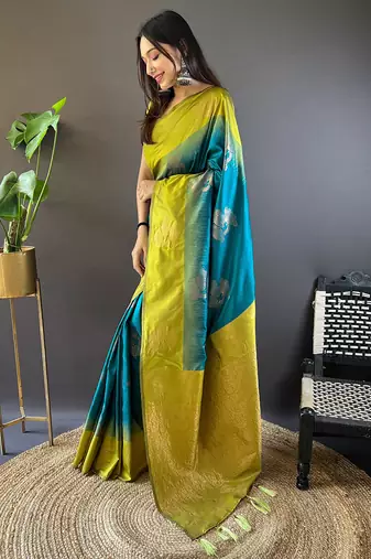 Sea blue soft silk floral border contrast zari woven saree