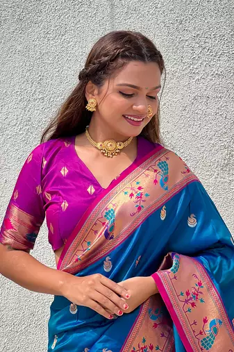 Blue Silk Zari Woven Paithani Silk Saree