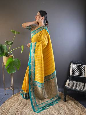 Yellow contrast zari woven silk saree with satin unique border 3