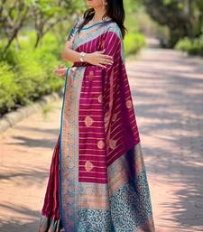 Magenta soft silk contrast zari woven saree