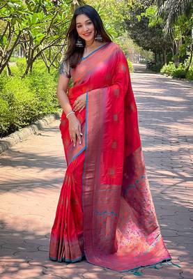 Pink soft silk contrast zari woven saree 2
