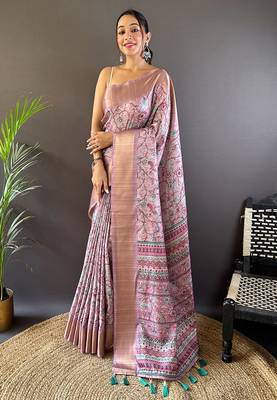 Lavender Silk Blend Madhubani Floral Printed Saree for Weddings & Occasions 1