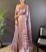 Lavender Silk Blend Madhubani Floral Printed Saree for Weddings & Occasions
