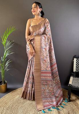Baby pink assam silk kalamkari printed saree with zari woven border 2