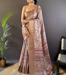Baby pink assam silk kalamkari printed saree with zari woven border