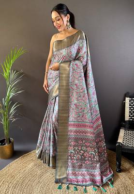 Sky assam silk kalamkari printed saree with zari woven border 2