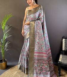 Sky assam silk kalamkari printed saree with zari woven border