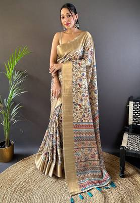 Chickoo assam silk kalamkari printed saree with zari woven border 1