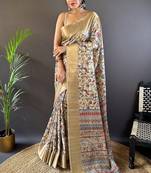 Chickoo assam silk kalamkari printed saree with zari woven border