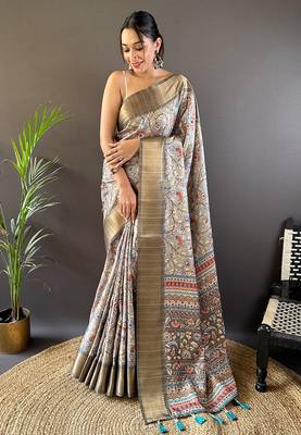 Grey assam silk kalamkari printed saree with zari woven border 2