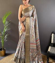 Grey assam silk kalamkari printed saree with zari woven border
