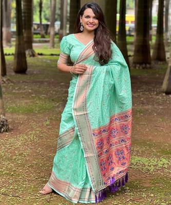 Sky checks paithani silk zari woven saree 1