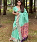 Sky checks paithani silk zari woven saree