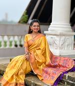 Yellow checks paithani silk zari woven saree
