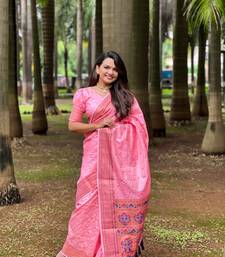 Pink checks paithani silk zari woven saree