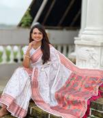 White checks paithani silk zari woven saree