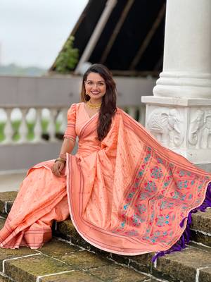 Peach checks paithani silk zari woven saree 1