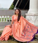 Peach checks paithani silk zari woven saree