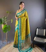 Mehendi green contrast zari woven silk saree with satin unique border
