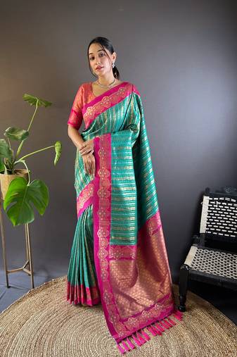 Green contrast zari woven silk saree with satin unique border