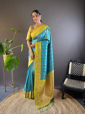 Sky contrast zari woven silk saree with satin unique border 1
