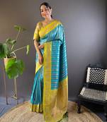 Sky contrast zari woven silk saree with satin unique border