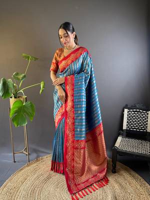 Blue contrast zari woven silk saree with satin unique border 1
