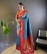 Blue contrast zari woven silk saree with satin unique border