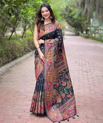 Jade Black Multicolor Kashmiri Silk Saree with Traditional Prints 1