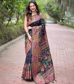 Jade Black Multicolor Kashmiri Silk Saree with Traditional Prints