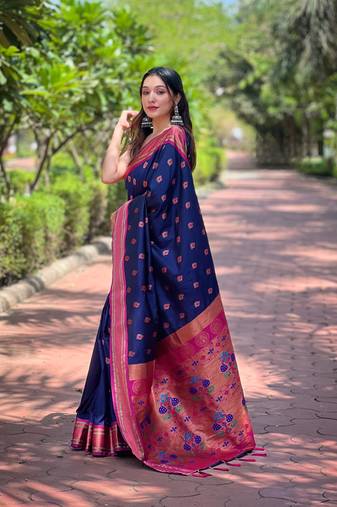 Navy blue contrast zari woven peacock yeola paithani silk saree