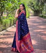 Navy blue contrast zari woven peacock yeola paithani silk saree