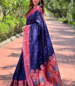 Navy blue contrast zari woven yeola paithani silk saree