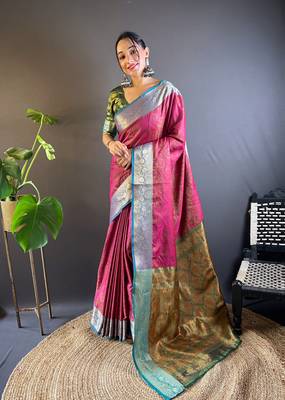 Pink soft kashmiri silk zari woven contrast saree 1