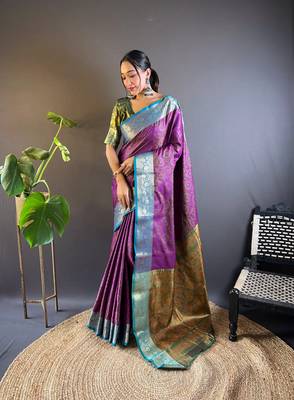 Purple soft kashmiri silk zari woven contrast saree 1