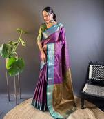 Purple soft kashmiri silk zari woven contrast saree