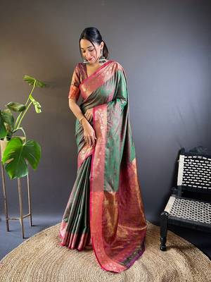 Green soft kashmiri silk zari woven contrast saree 1