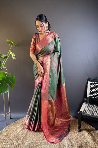Green soft kashmiri silk zari woven contrast saree