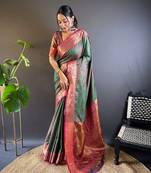 Green soft kashmiri silk zari woven contrast saree
