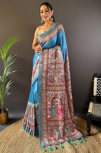 Rama blue tussar silk madhubani printed saree with zari woven border