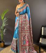 Rama blue tussar silk madhubani printed saree with zari woven border