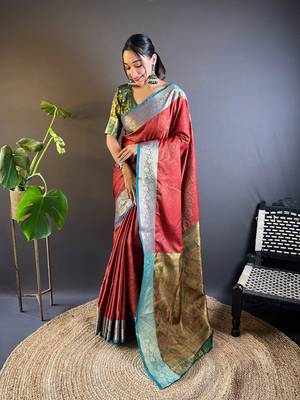 Red soft kashmiri silk zari woven contrast saree 1