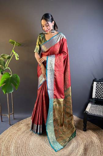 Red soft kashmiri silk zari woven contrast saree