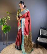 Red soft kashmiri silk zari woven contrast saree